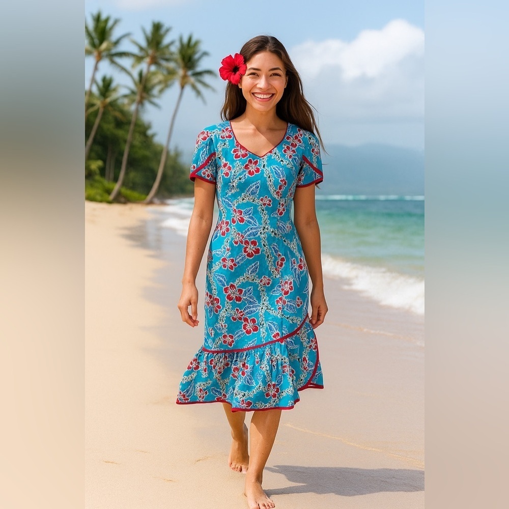 Hilo Hattie Hawaiian midi/maxi dress, turquoise and red, tropical print sz 14